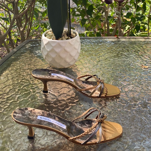 Manolo Blahnik Brown & Gold Strappy Kitten Heels - Picture 5 of 13